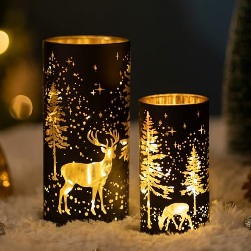 Glasseam Weihnachten Windlicht Glas Kerzenhalter: 2er Set Kerzengläser Weihnachtsdeko Tisch Kerzenglas Glaszylinder für Kerzen Windlicht Schwarz Kerzenständer Stumpenkerzen für Wohnzimmer Dekoration