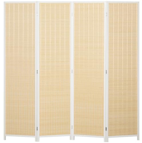 HOMCOM Biombo de 4 Paneles Plegable 180x180 cm Divisor Habitación Blanco | Separador de Ambientes, Tejido a Mano de Bambú e Hilo de Algodón, Decoración Elegante para Salón