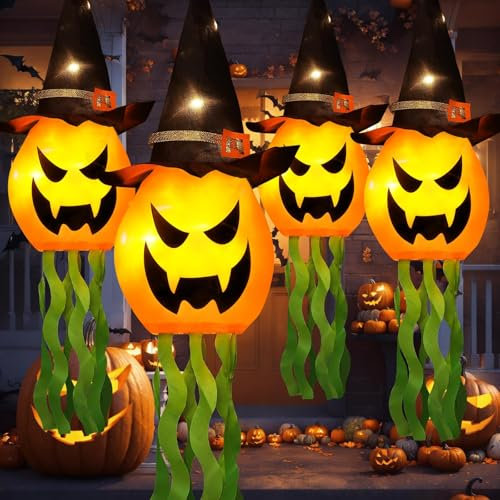 4 Stück Halloween Kürbis Hexenhut Deko Outdoor Mit LED Lichtern für Party, Garten, Hof (Orange)