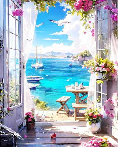 JanFebMar Peinture par Numéro Adulte Enfant, DIY Paint by Numbers Kit pour Décoration Intérieure sans Cadre 40 x 50 cm,Maison de la mer