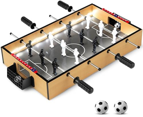 GOPLUS Tischkicker, Mini Kickertisch mit 2 Bällen& LED-Licht, Tischfußball Spieltisch für Kinder und Erwachsene, Arcade-Fußballspiel aus Holz für Partys, Spielzimmer, 51 x 30,5 x 8 cm