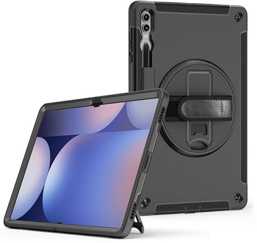 honju FIT Rugged Kickstand/Handstrap Case kompatibel mit Samsung Galaxy Tab S9 Ultra Hülle/Galaxy Tab S10 Ultra Hülle (5G & WiFi) [Drehbare Handschlaufe, Samsung S-Pen Halterung] schwarz