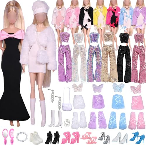 Puppenkleidung 20 Kleidung und Zubehör Kompatibel mit Barbie Gehören 2 Plüsch Sets Fischschwanz Kleid Pailletten Outfit Schmetterlingsrock-Set 8 Schuhe und Schmuck Zubehör in Zufälligem