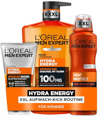 L'Oréal Men Expert Pflegeset für Männer, Mit XXXL Duschgel, XXL Deospray und XXL Waschgel, Set für Herren mit Taurin, Vitamin C und Keramik, Hydra Energy, Heat Protect, 3-teilig