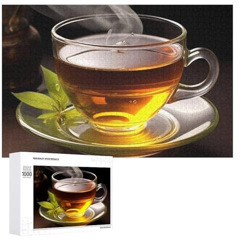 Wooden Picture Puzzle Cup of Tea Print Wooden Puzzles for Adults Challenging Picture Puzzle 1000 PCS Personalised Jigsaw Puzzle for Family Game And Birthday Gifts - With Storage Box