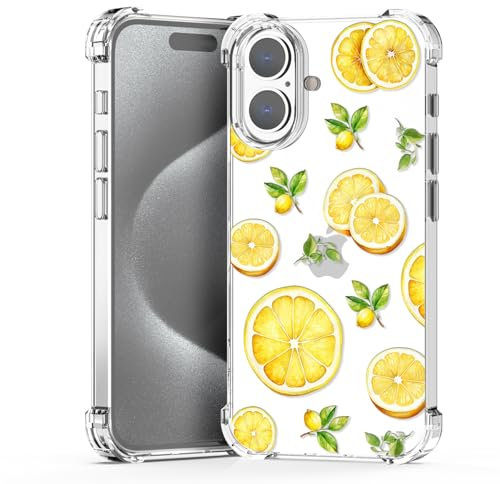 YEPO Clear for iPhone 16 Case Fruit Lemons,Fresh Lemons Pattern Design For Girls Women,Soft Slim Shockproof Bumper Protection Transparent Cover Case For iPhone 16 Yellow