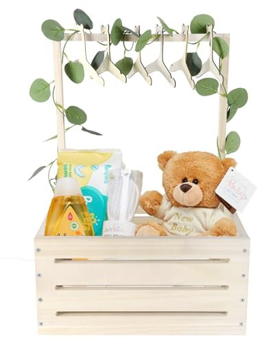 Umtiti Holz Baby Geschenk Korb mit Griff, Kinder Kleiderbügel und Girlande, Baby Aufbewahrungskorb, Dusche Kiste Schrank, personalisierte Baby Korb für schwangere neue Eltern.Gift Basket-Wood-M-DE