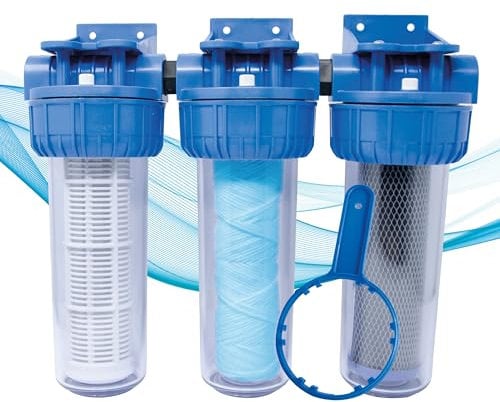 AQUASKUDO Filtro Acqua Rubinetto tre Stadi 3/4, Kit Filtro Acqua Sotto Lavello Made in Italy - Depuratore Acqua Domestico, Contenitore Filtri Anticalcare e Carboni Attivi