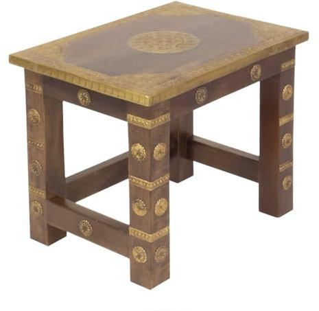 Oriental Galerie Indischer Beistelltisch mit Messing Verzierung Tisch Tischchen Nachttisch Hocker Asien Natur Braun Gold Mittel