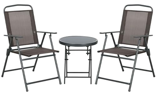 Outsunny Bistro-Set 3-teilig aus Metall Wetterfest Gartenmöbel Set mit klappbar Glastisch Gartenstühlen Outdoor Balkonmöbel Set Sitzgruppe Balkonset Gartengarnitur Braun