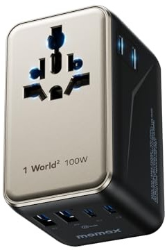 MOMAX 6-in-1 Reiseadapter Weltweit 100W GaN Universal Reisesteckermit 2 AC-Steckdosen, 2 USB-C PD + 2 USB-A QC - Kompatibel mit 150+ Ländern weltweit (EU, USA, UK, Japan u.a.) -Gold