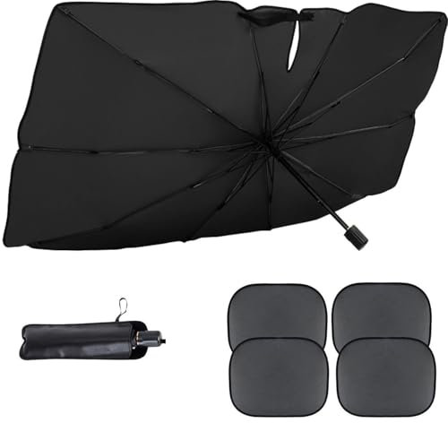 Parasol para parabrisas de coche, 80 x 140 cm, protección solar para coche, parasol interior, plegable, con 4 parasoles, ventana lateral para coche y 8 ventosas