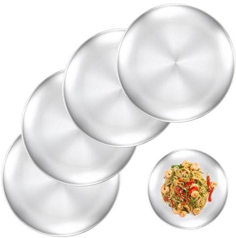 Sporgo 4 Stück Edelstahl Teller: Φ 23cm Edelstahl Rundes Geschirr, Camping Teller Servierteller, Edelstahlteller Campingteller für Camping, Picknick, Wandern, Küche, Par