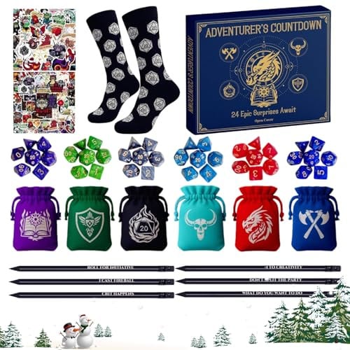 Adventskalender Countdown-Kalender, 24 Tage Festival-Countdown-Kalender, polyedrische Würfel, Socken, Aufkleber, Bleistifte, Beutel, Strumpffüller, ideal für Tischspieler, und Teenager