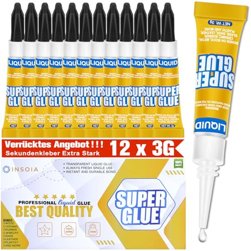 Sekundenkleber Flüssig (12er-Pack x 3g) – extra stark & wasserfest Superkleber für schnelle, flexible Sofortreparaturen, transparent kontakt Kleber für Kunststoff, Holz, Porzellan, Glas uvm.