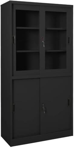 WRJENFSC Armoire de bureau avec porte coulissante - Anthracite - 90 x 40 x 180 cm - En acier et verre - Avec 3 étagères et serrure - Pour bureau à domicile et salle de rangement