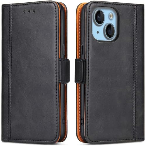 ROJIOJIO Handyhülle für iPhone 15, Leder Handytasche Kartenfach Klappständer Magnetisch Lederhülle für iPhone 15 Hülle, Schwarz