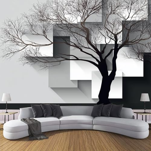Geometrisch Farbblöcke Motiv Fototapete, 3D Effekt Schwarz Weiß Abstrakt Baum Muster Wandtapete Schlafzimmer, 450x315cm (B×H) Seidenstoff Wanddeko Tapete, Wohnzimmer Kinderzimmer Dekoration
