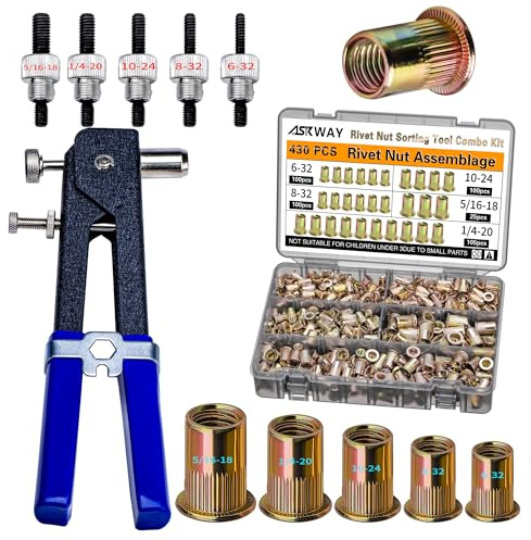 Imperial Rivet Nut Tool Kit 430pcs, SAE Rivet Nut Combination (5/16-18、1/4-20、10-24、8-32、6-32), Suitable for Automotive, Marine and Industrial Applications(SAE Carbon Steel 430PCS)