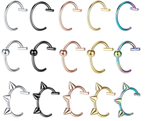 XFSRG 15 Stück Fake Nasenpiercing Ring Edelstah Lippenpiercing Smiley Piercing Septum Piercing Fake Piercings Non-Pierced Clip On Nose Schmuck