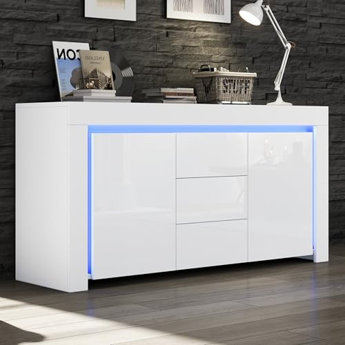 FammyLoft Hochglanz Sideboard Wohnzimmer mit 3 Schubladen und 2 Türen, Buffetschrank mit LED-Lichtleiste, Modern Wohnzimmerschrank für Schlafzimmer, Büros,140×40×65cm, Flur, Weiß
