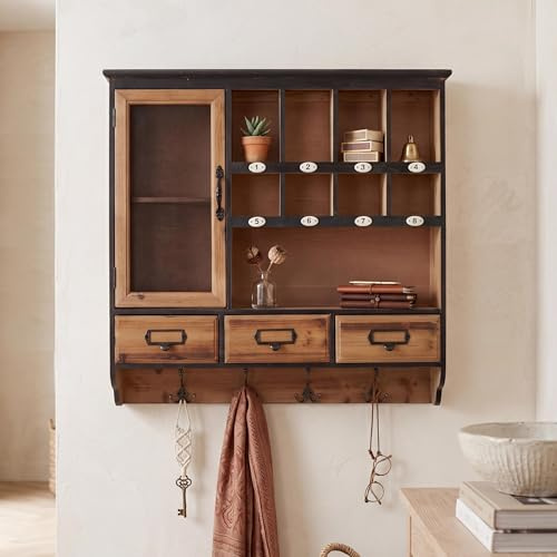 Mendler Wandregal HWC-Q26 Vintage Shabby Holz 70x72x17cm | Hängeregal, Regal, Schweberegal, Garderobe, Schublade, Staufach, Haken