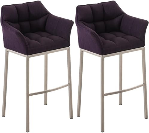 CLP Barhocker Damaso Stoffbezug I Gepolsterter Barstuhl mit Metallgestell und Rückenlehne, Farbe:lila, Gestell Farbe:Edelstahl