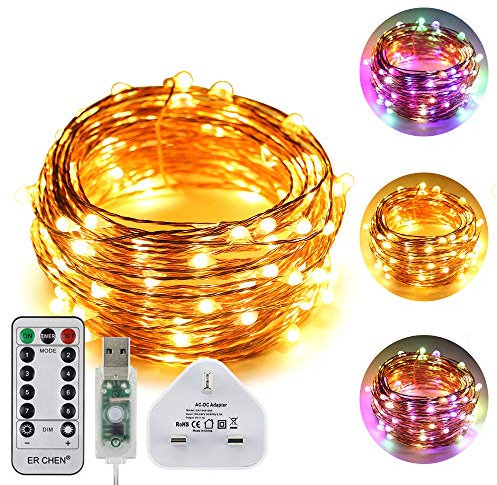 ErChen USB Dual-Color Led String Lights, 33FT 100 Leds Color Changing Dimmable 8 Modes Copper Wire Fairy Lights with Remote Timer for Indoor Outdoor Christmas (Warm White, Multicolor)