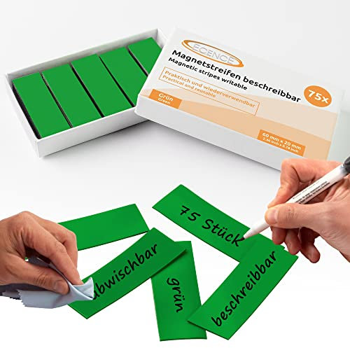 ECENCE Magnetstreifen beschreibbar 75 Stück - 60x20mm - abwischbare Magnetschilder - Magnet-Etiketten zuschneidbar für Whiteboards, Kühlschränke, Magnettafeln - Grün