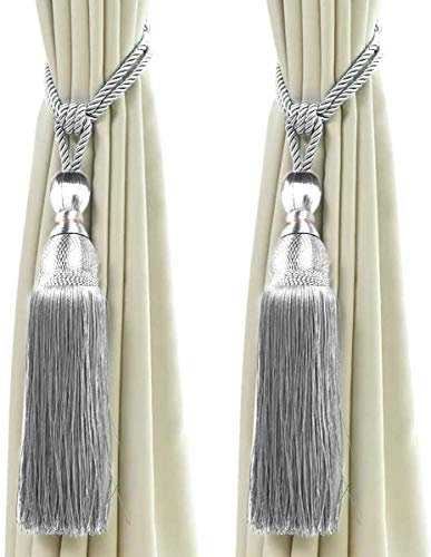 2 Stück Vorhang Raffhalter, Vorhang Clips Seil Bindeband, Vorhang Schnalle Holdbacks mit Quaste Ball Vorhang Dekoration (Silber)