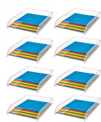 OSCO Clear Acrylic Stacking Letter Tray | 8 Pack | A4 | Easily Stackable | Desk File Organiser | Paper Storage | Office Document Sorter | Paperwork Filing | No Risers Required | H6 x W24.5 D33 cm