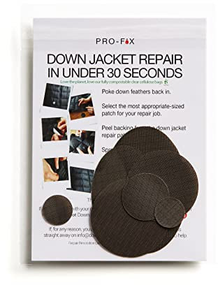 DJR PRO FIX: Einfach zu verwendende Flicken-Sets für Daunenjacken - Selbstklebende, wasserfeste, reißfeste Flicken zur Reparatur von Kleidung, Schlafsäcken, Zelten, Outdoor-Ausrüstung - Dunkelbraun