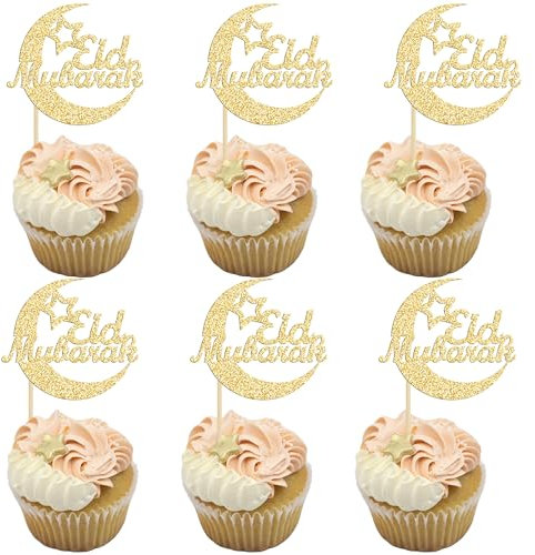 Gyufise 24Pcs Gold Glitter Eid Mubarak Cupcake Toppers Moon Happy Eid Ramadan Kareem Cake Decorations Islamic Muslim Party Supplies Decorations