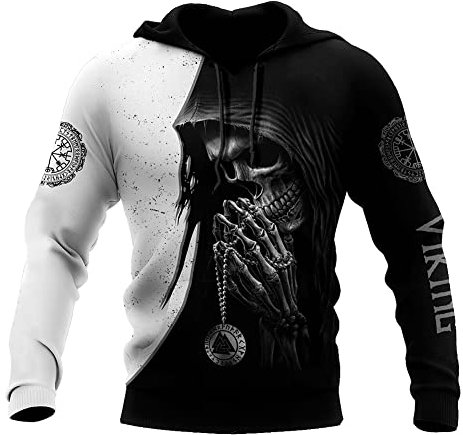 WSXJJ 3D Viking Odin Tattoo Hoodie Long Sleeve Sweatshirt, Nordic Men's Casual Pullover Jacket Scandinavian Clothing,Viking Skull Hoodie,XL