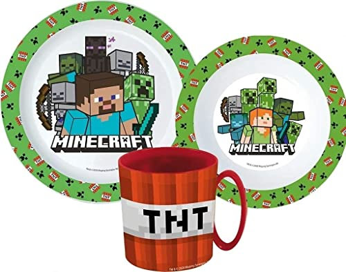 Kinder-Geschirr Set mit Teller, Müslischale und Trinkbecher inkl. Besteck (wiederverwendbar) kompatibel zu (Minecraft)