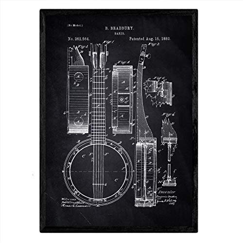 Nacnic Banjo Patent Poster mit Rahmen, Antikes Patent in Größe A3, schwarzer Hintergrund mit Rahmen