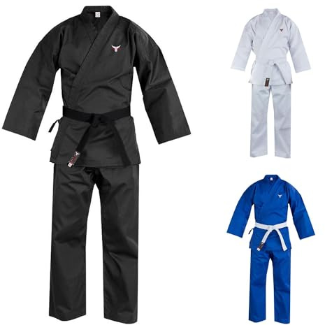 Mytra Fusion Karate Gi adulto con Cinturón – Traje de Entrenamiento de Artes Marciales 200 g para Hombre y Mujer– Uniforme de Karate para Estudiantes (Negro, 4/170)