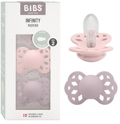 BIBS Infinity Symmetrischer Schnuller Zweierpackung, bisphenol-A frei, Symmetrischer Silikonsauger, Symmetrischer Nippel. Silikon, 6-18 Monate (2er Pack), Blossom/Dusky Lilac