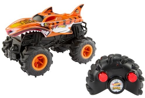 Hot Wheels Monster Trucks Coche Teledirigido, HW Tiger Shark RC, Coche de juguete todoterreno con mando radio control con alcance de 30 metros, escala 1:24, regalo para niños y niñas +4 años, HNV03