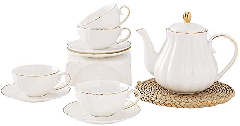 Teeservice im Hofstil für Erwachsene Königliche Teetassen und Untertassen mit Goldrand Weißes Porzellan Teeservice mit Teekanne Kaffeetassen A