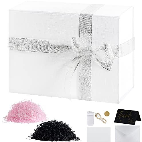 Luxury Magnetic Gift Box Kit - 28×20×10 cm Folding Presentation Box with Lid Ribbon Card Raffia LED Light Rectangular Gift Package Set for Presents Birthday Wedding Anniversary Festivals White HG0301