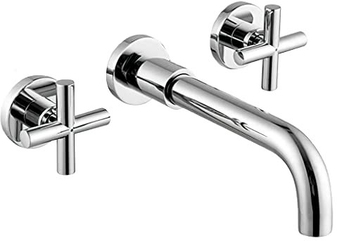 VALAZ Grifo Lavabo Cromado Empotrado | Grifo Lavabo Bimando, Mezclador Agua Fría y Caliente, Ahorro de Agua | Instalación Fácil y Rápida | Latón, Inoxidable, Redondo, Caño 21 cm, Serie Nalon