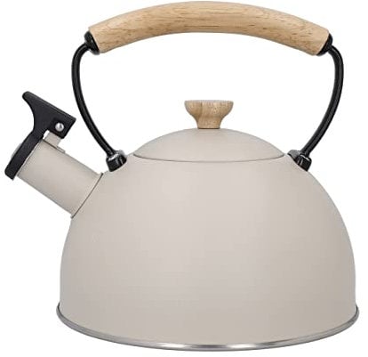 La Cafetière 1.6L Whistling Kettle, Stainless Steel Frame with Easy-Grip and Anti-Scald Wooden Handle, Induction Hob-Safe Tea Kettle for Boiling Water, Cream