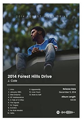RIPEX J. Cole Poster 2014 Forest Hills Drive Tracklist Album Cover Poster Leinwand Schlafzimmer Dekor Sport Landschaft Büro Zimmer Dekor Geschenk ohne Rahmen Stil 30 x 45 cm