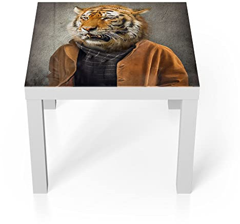 DEQORI Glastisch | weiß klein 55x55 cm | Motiv Tiger in Menschengestalt | ausgefallener Beistelltisch aus Glas | Hochglanz Couchtisch fürs Wohnzimmer | moderner Couch Tisch mit Design