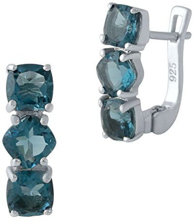 925 Sterlingsilber Huggie Ohrringe Englisch Schloss über quadratischem, blauem London Blautopas; Steingewicht [ct]: 3 Karat, Gewicht 3,2 g und rhodiniertes Finish, Glas, London, blauer Topas