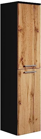 Badezimmer Badschrank Saturnus 130cm Schwarz mit Eiche - Regal Schrank Hochschrank Schrank Möbel
