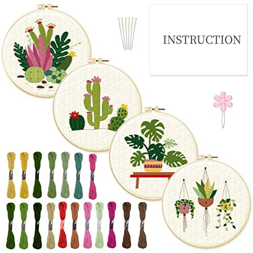 INFUNLY 4 Pack Tropical Plants Embroidery Kit for Beginners Adults Cactus Embroidery Starter Kit Punch Needle Embroidery Kits Palm Leaf Cross Stitch Kits with Patterns Instructions for DIY