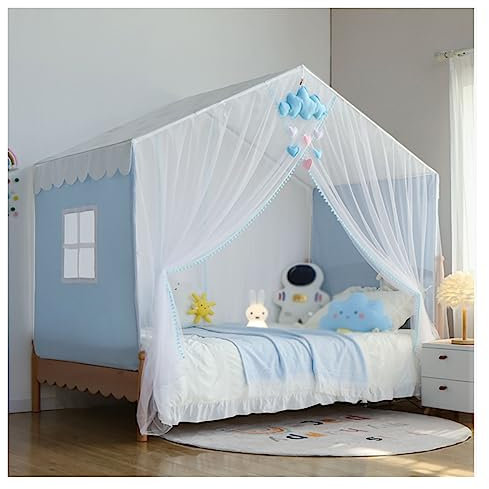 LONONE Kinder-Himmelbett-Vorhang, 4 Ecken, Pfosten-Himmelbett-Vorhänge für Jungen und Mädchen, Moskitonetz, Bettrahmen-Vorhang, Baldachin, Schloss-Stil,Blau,King