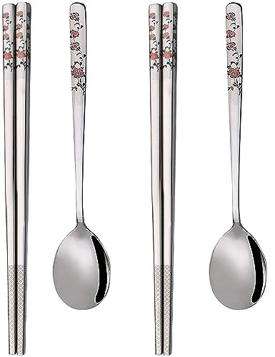 YAPULLYA Juego de cuchara y palillos coreanos de mango largo, acero inoxidable 18/8 multicolor grabado láser, palillos y cucharas, juego de palillos y cucharas reutilizables de metal, juego de 3